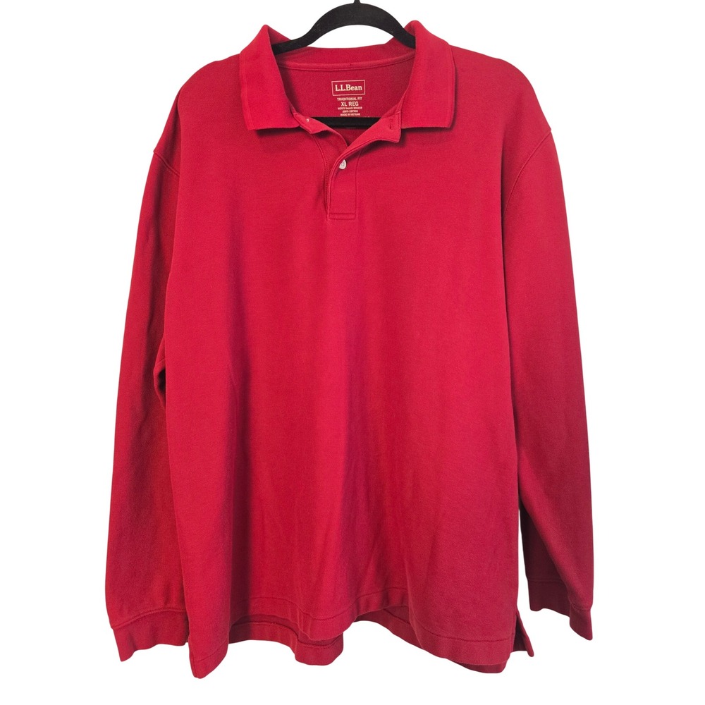 LL Bean Mens XL Red Long Sleeve Polo Shirt Traditional Fit‎ Cotton Pique 300459